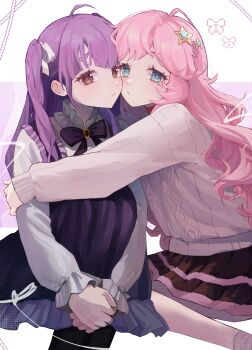 Rule 34 | 2girls, absurdres, ahoge, black skirt, black socks, blue eyes, chofu noriko, commentary, dress, english commentary, hair ornament, hair ribbon, highres, hime.udon, hug, ikizulive! love live! bluebird, kanazawa miracle, long hair, long sleeves, looking at viewer, love live!, multiple girls, pink hair, purple dress, purple eyes, purple hair, purple ribbon, ribbon, shirt, sitting, skirt, socks, star (symbol), star hair ornament, sweater, twintails, white ribbon, white shirt, white sweater