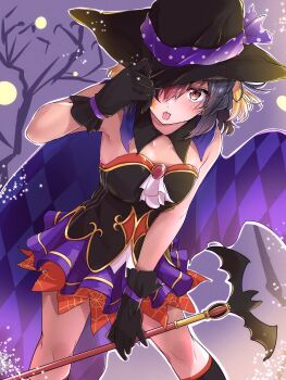 1girl :p adjusting_clothes adjusting_headwear alternate_costume bare_shoulders black_dress black_gloves black_hair black_hat black_socks blonde_hair blush bow cape cowboy_shot detached_collar dress frilled_dress frills gloves halloween halloween_costume hat hat_bow highres kemono_friends looking_at_viewer orange_dress orange_eyes penguin_girl pleated_dress purple_bow purple_cape purple_dress red_hair rockhopper_penguin_(kemono_friends) short_hair short_twintails silk sleeveless socks solo spider_web staff tongue tongue_out twintails wifi1981321 witch witch_hat