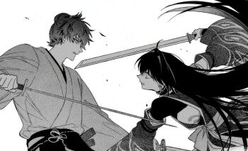 1boy 1other ahoge androgynous black_hakama body_markings detached_sleeves dual_wielding earrings easel_(dam0628) fate/grand_order fate/samurai_remnant fate_(series) fighting_stance greyscale hair_down hair_intakes hakama highres holding holding_sword holding_weapon japanese_clothes jewelry katana kimono long_hair miyamoto_iori_(fate) monochrome nagatekkou other_with_male side_slit sidelocks sword topknot unsheathed weapon wide_sleeves yamato_takeru_(fate) yamato_takeru_(third_ascension)_(fate)