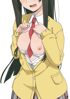 1girl between_breasts black_hair blush bra bra_pull breasts breasts_out cardigan clothes_pull collared_shirt cropped_head flying_witch highres kowata_makoto long_hair medium_breasts morisobo necktie necktie_between_breasts nipples open_cardigan open_clothes open_mouth plaid_clothes plaid_skirt red_necktie school_uniform shirt simple_background skirt solo underwear white_background white_bra white_shirt yellow_cardigan