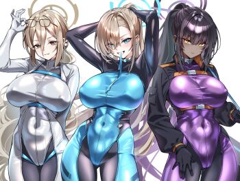 Rule 34 | 3girls, adjusting hair, akane (blue archive), asuna (blue archive), black bodysuit, black gloves, black hair, black jacket, black shrug, blonde hair, blue archive, blue bodysuit, blue eyes, blue halo, blush, bodysuit, breasts, brown hair, commentary request, cosplay, covered erect nipples, covered groin, covered navel, dark-skinned female, dark skin, glasses, gloves, gradient hair, grin, hair over one eye, halo, highres, himari (armed) (blue archive), himari (blue archive), himari (blue archive) (cosplay), jacket, karin (blue archive), large breasts, long hair, looking at viewer, multicolored bodysuit, multicolored hair, multiple girls, ponytail, purple bodysuit, purple hair, purple halo, rio (armed) (blue archive), rio (blue archive), rio (blue archive) (cosplay), sayu mypace, shrug (clothing), smile, two-tone bodysuit, very long hair, yellow eyes