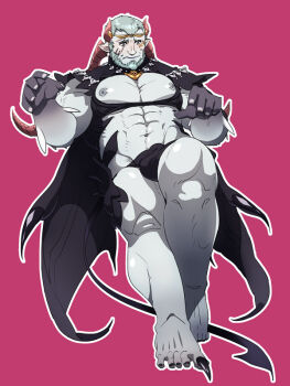 1boy abs bara bare_pectorals beard bikini_briefs blush brown_horns colored_skin demon_boy facial_hair final_fantasy final_fantasy_xiv framed_pectorals full_beard full_body gradient_skin grey_skin groin horns ka_tsuobushi large_horns large_pectorals legs_together male_focus male_underwear mature_male midair monster_boy monsterification multiple_horns muscular muscular_legs muscular_male navel navel_hair nipples original pectoral_lift pectorals pink_background roegadyn short_hair shy small_horns solo strongman_waist thick_beard thighs underwear warrior_of_light_(ff14)