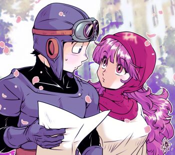 10kimetsu 1boy 1girl black_bodysuit blue_gloves blue_hat blue_tunic blurry blurry_background bodysuit breasts commentary_request cousins curly_hair dragon_quest dragon_quest_ii eye_contact falling_petals gloves goggles goggles_on_headwear hat holding holding_map long_hair looking_at_another map petals pink_eyes pink_hood pink_petals prince_of_lorasia princess_of_moonbrook purple_hair robe signature sweatdrop tunic upper_body white_robe