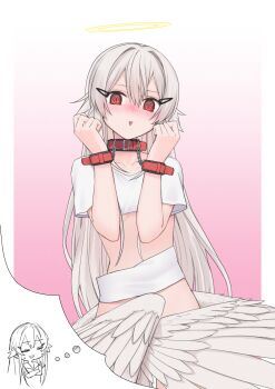 1girl :> @_@ blush bound bound_wrists chain chibi closed_eyes collar crop_top feathered_wings grey_hair grey_wings hair_between_eyes hair_flaps halo hands_up highres imagining kawama_shuusuke long_hair nose_blush original parted_lips pink_background red_collar red_eyes shirt solo triangle_mouth very_long_hair white_shirt wing_censor wings
