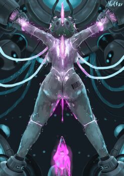 1girl absurdres android arms_up artist_name ass ass_tattoo back backboob barcode barcode_tattoo breasts cable colored_skin completely_nude dildo dripping electricity electrocution facing_away female_focus from_behind furry gardevoir gen_3_pokemon glowing green_hair highres iron_valiant joints kneepits large_breasts legs legs_apart machinery mohawk multicolored_hair nintendo nude outstretched_arms personification pink_hair pokemon pokemon_(creature) pussy restrained robot_joints sex_machine sex_toy short_hair signature solo suspension sweat tattoo thighs transformation two-tone_hair uncensored white_skin yultzr