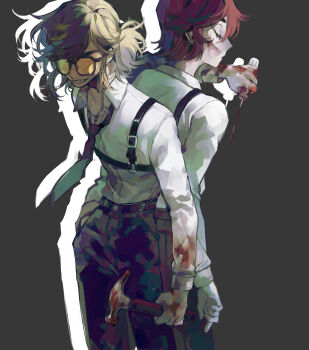 Rule 34 | 2girls, androgynous, back-to-back, black necktie, blonde hair, blood, blood on clothes, blood on hands, blood on tool, chest harness, commentary, cowboy shot, dress shirt, drop shadow, eyelashes, flat chest, glasses, grey background, grin, hammer, hand in pocket, harness, highres, holding, holding hammer, holding screwdriver, multiple girls, necktie, octagonal eyewear, painterly, pants, ponytail, red hair, reverse trap, sanglom, sanyati (star fetchers), screwdriver, sharp teeth, shirt, short hair, simple background, smile, star fetchers, teeth, untranslatable commentary, white shirt, zambezi (star fetchers)