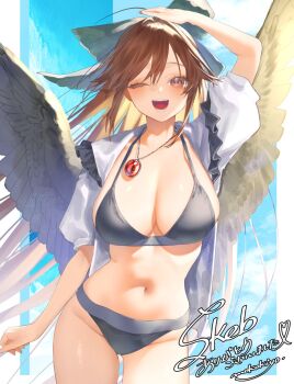 1girl ;d arm_up bikini black_bikini black_wings bow breasts brown_hair commentary_request commission cowboy_shot feathered_wings green_bow hair_between_eyes highres jewelry large_breasts long_hair looking_at_viewer mokokiyo_(asaddr) navel necklace one_eye_closed open_clothes open_mouth open_shirt puffy_short_sleeves puffy_sleeves reiuji_utsuho shirt short_sleeves skeb_commission smile solo swimsuit touhou white_shirt wings