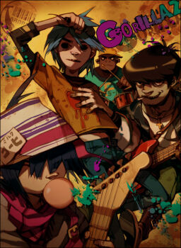 1girl 2d_(gorillaz) 3boys bass_guitar black_hair blue_hair chewing_gum cross cross_necklace gorillaz guitar hat instrument inverted_cross multiple_boys murdoc_niccals noodle_(gorillaz) russel_hobbs serious smile
