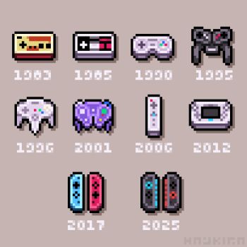 commentary controller dotpict_(medium) english_commentary famicom game_console game_controller gamecube_controller grey_background haykira joy-con nintendo nintendo_64_controller no_humans object_focus pixel_art super_nintendo_controller twitter_username virtual_boy wii_remote wii_u_gamepad