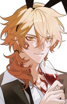 Rule 34 | 1boy, 1owo owo1, alternate costume, animal ear hairband, animal ears, black vest, blonde hair, braid, chest tattoo, collared shirt, cup, drinking glass, facial tattoo, fake animal ears, gradient hair, hairband, hashtag-only commentary, holding, holding cup, honkai: star rail, honkai (series), looking at viewer, low ponytail, male focus, medium hair, multicolored hair, mydei (honkai: star rail), ponytail, rabbit ears, red hair, red tattoo, shirt, side braid, solo, tattoo, vest, white shirt, wine glass, yellow eyes