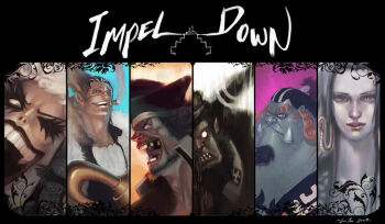 1girl 5boys amazon_warrior beard black_hair blue_skin boa_hancock cigar coat colored_skin column_lineup crocodile_(one_piece) earrings emporio_ivankov evil_smile facial_hair fur_coat grin hook hook_hand impel_down jewelry jinbe_(one_piece) lack long_hair magellan_(one_piece) marshall_d._teach missing_tooth monster_boy multiple_boys one_eye_closed one_piece sand scar smile smoking tattoo teeth white_hair wink