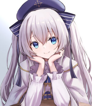 1girl blue_eyes blue_hat celia_claire commentary_request grey_hair hair_between_eyes hair_ribbon hands_on_own_face hat highres long_hair long_sleeves looking_at_viewer pikao ribbon seirei_gensouki simple_background smile solo two_side_up upper_body white_background