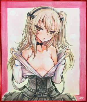 1girl :o black_bow black_bowtie black_skirt bow bowtie breasts brown_eyes brown_hair collarbone commentary_request girls_und_panzer highres looking_at_viewer nabeyu open_clothes shimada_arisu shirt skirt small_breasts solo standing traditional_media upper_body white_shirt