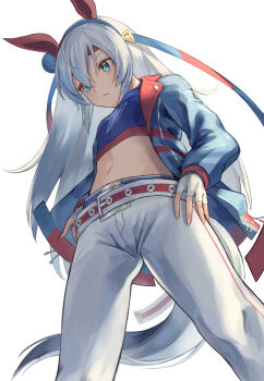 1girl absurdres animal_ears blue_eyes blue_hairband blue_shirt breasts closed_mouth commentary_request cowboy_shot crop_top cropped_shirt denim ear_ornament erulusyro fingerless_gloves gloves groin hair_between_eyes hairband headband highres horse_ears horse_girl horse_tail jacket jeans lightning_bolt_print long_hair long_sleeves looking_down midriff navel open_clothes open_jacket pants partial_commentary red_headband shirt sidelocks silver_hair simple_background small_breasts solo standing tail tamamo_cross_(umamusume) umamusume white_background white_beak white_gloves white_pants