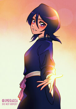 Rule 34 | 1girl, alternate breast size (larger), black hair, bleach, breasts, commentary, cowboy shot, english commentary, from side, hair between eyes, highres, japanese clothes, kuchiki rukia, lens flare, medium breasts, medium hair, purple eyes, reaching, reaching towards viewer, shihakusho, smile, solo, tumblr username, umbra (edits umbra), watermark, wide sleeves