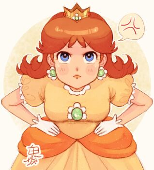 1girl anger_vein blue_eyes brown_hair crown dress earrings flower_earrings gloves hands_on_own_hips jewelry long_hair looking_at_viewer mario_(series) nintendo onirizu orange_dress princess_daisy puffy_short_sleeves puffy_sleeves short_sleeves spoken_anger_vein white_gloves