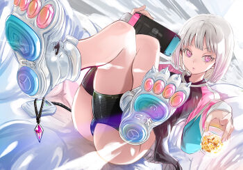 1girl ass black_panties black_shorts blunt_bangs bob_cut commentary_request crossed_legs cup feet gradient_hair grey_hair handheld_game_console highres holding holding_cup holding_handheld_game_console ice ice_cube jacket l.f. legs long_sleeves looking_at_viewer mole mole_under_eye multicolored_hair nintendo_switch original panties parted_lips pink_eyes pink_hair pink_jacket shoes short_hair shorts solo thighs two-tone_hair underwear white_shoes