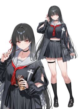 1girl absurdres arm_cutout belt black_belt black_choker black_hair black_jacket black_serafuku black_shirt black_shoes black_skirt black_socks blunt_bangs blush breasts chisa_(wuthering_waves) choker closed_mouth clothing_cutout collarbone commentary eating food full_body grey_sailor_collar hair_ribbon hands_up hidis0086 highres holding holding_food holding_pocky jacket jewelry lapels large_breasts loafers long_hair long_sleeves looking_at_viewer midriff_peek miniskirt mole mole_under_eye multiple_rings necktie notched_lapels open_clothes open_jacket pleated_skirt pocky red_eyes red_necktie red_ribbon ribbon ring sailor_collar school_uniform serafuku shirt shirt_overhang shoes sidelocks simple_background skindentation skirt socks standing straight_hair symbol-only_commentary thigh_strap very_long_hair white_background wuthering_waves