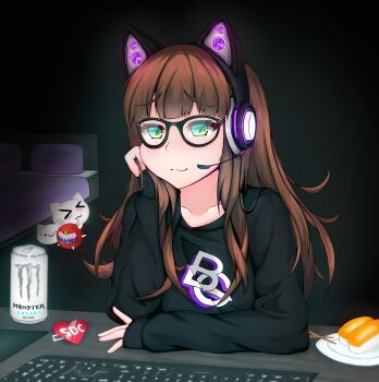 &gt;3&lt; 1girl absurdres animal_ear_headphones animal_ears axent_wear bedroom black-framed_eyewear blueawoo brown_hair cacodemon cat cat_ear_headphones cat_ears chestnut_mouth commentary dakota_(dkooters) doom_(series) energy_drink english_commentary fake_animal_ears female_focus fictional_persona food glasses glowing green_eyes head_rest headphones headset highres keyboard long_hair monster_energy screen_light solo sushi sweater youtube