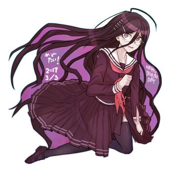 1girl antenna_hair black_thighhighs chiimako clenched_hand collarbone collared_shirt commentary_request danganronpa_(series) danganronpa_another_episode:_ultra_despair_girls dated english_text eyelashes fukawa_toko full_body glasses hair_between_eyes hair_ornament hairclip happy_birthday long_hair long_sleeves messy_hair mixed-language_text mole mole_under_mouth neckerchief open_mouth purple_eyes purple_hair purple_serafuku purple_shirt purple_shoes purple_skirt red_neckerchief round_eyewear sailor_collar school_uniform serafuku shirt shoes simple_background skirt skirt_set solo thighhighs torn_clothes torn_neckerchief torn_shirt torn_skirt translation_request very_long_hair white_background white_sailor_collar