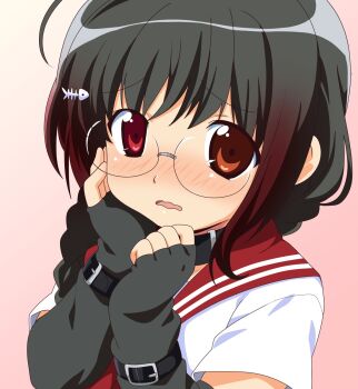 1girl bk_(barakoodra) black_collar black_hair blush braid collar commission fingerless_gloves fish_skeleton_hair_ornament glasses gloves heterochromia highres long_hair looking_at_viewer orange_eyes original red_eyes red_hair sailor_collar solo vgen_commission