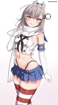 1girl black_neckerchief black_panties blue_sailor_collar blue_skirt breasts commentary_request cosplay crop_top elbow_gloves gloves grey_background grey_eyes grey_hair hairband headgear highres kantai_collection long_hair looking_at_viewer microskirt navel neckerchief panties sailor_collar scarf shimakaze_(kancolle) shimakaze_(kancolle)_(cosplay) skirt small_breasts solo striped_clothes striped_thighhighs thighhighs twitter_username underwear wahoo_(kancolle) white_gloves white_scarf yamabiko1358