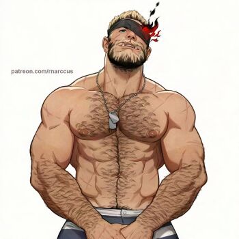 1boy abs arm_hair balor_(housamo) bara beard black_hair blonde_hair blue_eyes chest_hair commission covering_crotch covering_privates cross_scar dog_tags eyepatch facial_hair facial_scar flaming_eye full_beard adversarial_noise groin hairy head_tilt large_pectorals looking_at_viewer male_focus male_pubic_hair marcus_(rnarccus) mature_male multicolored_hair muscular muscular_male nipples own_hands_together paid_reward_available pectorals prison_clothes pubic_hair pubic_hair_peek scar scar_on_arm scar_on_cheek scar_on_chest scar_on_face short_hair solo tan tanline thick_arm_hair thick_beard thick_chest_hair thick_eyebrows thick_neck tokyo_houkago_summoners topless_male tsurime tusks two-tone_beard two-tone_hair upper_body