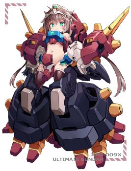 1girl armor blush_stickers bright_pupils brown_hair character_name closed_mouth commentary_request devil_gundam g_gundam green_eyes gundam hair_between_eyes headgear karukan_(monjya) loli long_hair looking_at_viewer mecha_musume navel smile solo v-fin very_long_hair white_background white_pupils
