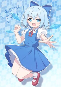 1girl blue_background blue_bow blue_dress blue_eyes blue_hair bow cirno commentary_request detached_wings dress full_body hair_bow highres ice ice_wings kk0220 looking_at_viewer mary_janes medium_hair neck_ribbon open_mouth pinafore_dress puffy_short_sleeves puffy_sleeves red_ribbon red_shoes ribbon shirt shoes short_sleeves sleeveless sleeveless_dress smile socks solo touhou translation_request white_shirt white_socks wings