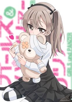Rule 34 | 1girl, absurdres, artist name, bandages, black dress, black pantyhose, black ribbon, blurry, blurry background, blush, boko (girls und panzer), brown eyes, brown hair, commentary, copyright name, covered mouth, dress, frilled dress, frills, girls und panzer, hair ribbon, heart, highres, logo, long hair, long sleeves, looking at viewer, medium dress, one side up, pantyhose, pinafore dress, retumihari, ribbon, shimada arisu, shirt, sitting, sleeveless, sleeveless dress, solo, striped clothes, striped pantyhose, stuffed animal, stuffed toy, teddy bear, wariza, white pantyhose, white shirt