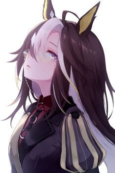 1girl absurdres ahoge animal_ears black_coat blue_eyes blush brown_hair coat commentary_request dream_journey_(reminder_of_dreamland)_(umamusume) dream_journey_(umamusume) eyewear_strap glasses hair_between_eyes highres horse_ears horse_girl long_hair long_sleeves looking_up multicolored_hair parted_lips puffy_sleeves red_shirt ruko_(stella60lucko) shirt simple_background solo umamusume upper_body white_background white_hair