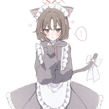 ... 1girl absurdres alternate_costume anger_vein angry animal_ears apron bandaged_neck bandages black_dress blue_archive blush bow brown_eyes brown_hair cat_ears cat_girl commentary_request dress ear_piercing embarrassed enmaided frilled_apron frilled_dress frills highres hood hooded_dress hoodie jersey_maid long_sleeves looking_at_viewer maid maid_apron maid_headdress misaki_(blue_archive) piercing short_hair simple_background sleeves_past_wrists solo speech_bubble spoken_ellipsis straight-on tachibana_(tachibanablac) tail tail_bow tail_ornament unconventional_maid white_apron white_background white_bow