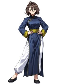 1girl absurdres arm_behind_back azur_lane baltimore_(azur_lane) blue_dress china_dress chinese_clothes dress fighting fighting_stance full_body highres kokoro_no_koibito kung_fu long_sleeves martial_arts monk shaolin_monk short_hair solo