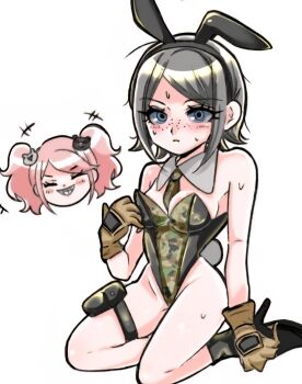 Rule 34 | +++, 2girls, animal ear hairband, animal ears, bear hair ornament, black boots, black hair, black hairband, blonde hair, blush, boots, breasts, brown gloves, camouflage leotard, camouflage necktie, cleavage, closed eyes, closed mouth, commentary request, danganronpa: trigger happy havoc, danganronpa (series), detached collar, eyelashes, fake animal ears, fake tail, freckles, full body, gloves, grin, hair ornament, hairband, high heel boots, high heels, highres, ikusaba mukuro, kneeling, leotard, marika20000323, multiple girls, necktie, nervous sweating, nose blush, playboy bunny, pouch, rabbit ear hairband, rabbit ears, rabbit tail, short hair, siblings, sidelocks, simple background, sisters, smile, solo focus, strapless, strapless leotard, sweat, tail, teeth, thigh pouch, thigh strap, twintails, white background
