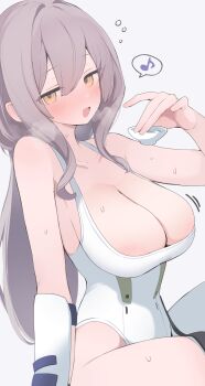 1girl :d bare_shoulders breasts cleavage collarbone commentary cup drunk goddess_of_victory:_nikke grey_hair hair_between_eyes highleg highleg_leotard highres hone_kawa huge_breasts leotard long_hair looking_at_viewer musical_note open_mouth sakazuki scarlet_(nikke) smile solo speech_bubble spoken_musical_note variant_set white_leotard yellow_eyes