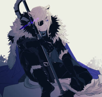 1boy :/ animal_ears areadbhar_(fire_emblem) armor black_armor blonde_hair blue_cape boots cape closed_mouth commentary dimitri_alexandre_blaiddyd dimitri_alexandre_blaiddyd_(blue_lion) dimitri_alexandre_blaiddyd_(timeskip) emushino eyepatch fire_emblem fire_emblem:_three_houses fire_emblem_shadows fur-trimmed_boots fur-trimmed_cape fur_trim holding holding_polearm holding_weapon invisible_chair kemonomimi_mode lion_ears lion_tail looking_to_the_side male_focus medium_hair nintendo one_eye_covered polearm sideways_glance sitting solo symbol-only_commentary tail weapon white_fur