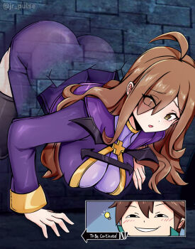 Rule 34 | 1boy, 1girl, anya's heh face (meme), ass, breasts, brick wall, brown eyes, brown hair, dress, eyes visible through hair, jrpulse, kono subarashii sekai ni shukufuku wo!, large breasts, light bulb, long hair, long sleeves, satou kazuma, sexually suggestive, short hair, through wall, to be continued, wiz (konosuba)