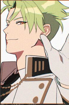 1boy achilles_(celebratory_attire)_(fate) achilles_(fate) arm_up black_necktie closed_mouth collared_shirt commentary_request fate/grand_order fate_(series) gloves green_hair high_collar jacket jewelry long_sleeves looking_at_viewer necklace necktie official_alternate_costume open_clothes open_jacket orange_eyes ororooops outstretched_arm shirt short_hair smirk suit_jacket undercut white_gloves white_jacket