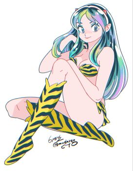 1girl aqua_hair bikini boots breasts commentary_request cone_horns full_body hand_in_own_hair highres horns knee_boots long_hair looking_at_viewer lum muda_rengou_to_ziggy_stardust pointy_ears print_bikini print_boots sidelocks signature simple_background sitting solo swimsuit urusei_yatsura white_background