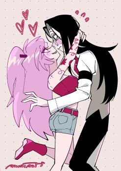 1boy 1girl absurdres amiri_ari black_hair blush boots cherri_bomb crop_top eye_contact freckles glasses hazbin_hotel heart hellaverse highres hug humanization long_hair looking_at_another noses_touching pink_hair sharp_teeth sir_pentious sir_pentious_(human) strapless teeth tube_top very_long_hair