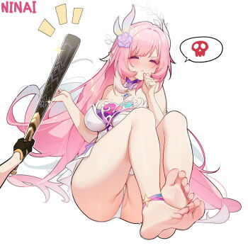 1girl 1other :&lt; ankle_ribbon artist_name ass bare_shoulders barefoot baseball_bat black_gloves blush breasts closed_eyes closed_mouth commentary cyrene_(honkai:_star_rail) dress feet fingernails flower gloves hair_flower hair_ornament highres honkai:_star_rail honkai_(series) knees_up large_breasts leg_ribbon long_hair nail_polish ninai notice_lines pink_flower pink_hair pink_nails pink_ribbon pointy_ears ribbon simple_background soles solo_focus spoken_skull sweat symbol-only_commentary thighs toes trailblazer_(honkai:_star_rail) white_background white_dress