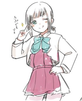 1girl aqua_bow aqua_bowtie black_hair blazer bow bowtie contrapposto cosplay dress fubuki_(kancolle) grey_eyes halter_dress halterneck hand_on_own_hip jacket kantai_collection low_ponytail one_eye_closed ponytail purple_dress sakiecho short_ponytail sidelocks simple_background solo v v-shaped_eyebrows white_background white_jacket yuugumo_(kancolle) yuugumo_(kancolle)_(cosplay) yuugumo_kai_ni_(kancolle) yuugumo_kai_ni_(kancolle)_(cosplay)