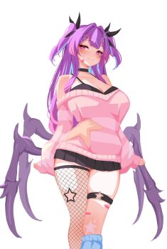 1girl :3 arthropod_girl arthropod_limbs asymmetrical_legwear bandaid bandaid_on_cheek bandaid_on_face bandaid_on_knee bandaid_on_leg bare_shoulders bean_(vtuber) black_choker black_skirt blush breasts center-flap_bangs choker cleavage closed_mouth collarbone commentary commission cowboy_shot double-parted_bangs english_commentary fishnet_thighhighs fishnets hair_intakes hair_ornament highres indie_virtual_youtuber insect_girl large_breasts long_hair long_sleeves looking_at_viewer miniskirt pink_sweater purple_eyes purple_hair sansha_art second-party_source simple_background single_thighhigh skirt sleeves_past_wrists solo spider_girl star_(symbol) star_hair_ornament striped_clothes striped_sweater sweater thigh_strap thighhighs virtual_youtuber white_background x_hair_ornament