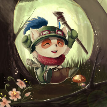 1boy ^_^ animal_ears bad_id bad_pixiv_id belt blowgun closed_eyes closed_eyes flower fur gloves goggles goggles_on_head hat league_of_legends male_focus map mushroom scroll sibin signature solo teemo tree