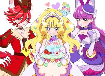 3girls animal_ears apron back_bow blonde_hair blue_eyes blunt_bangs bow bow_choker bubble_skirt cat_ears cat_girl cat_tail choker clothing_cutout cure_chocolat cure_finale cure_macaron delicious_party_precure dog_ears dog_girl dog_tail dress earrings elbow_gloves food food-themed_hair_ornament gloves hair_between_eyes hair_ornament hand_on_own_hip hat headdress high_ponytail highres holding holding_plate in-franchise_crossover jewelry kasai_amane kenjou_akira kirakira_precure_a_la_mode kotozume_yukari long_hair looking_at_another macaron_hair_ornament magical_girl multiple_girls parfait parfait_recipipi plate pleated_skirt ponytail precure puffy_sleeves purple_dress purple_eyes purple_hair recipipi red_dress red_eyes red_hair shirako_love short_hair shoulder_cutout simple_background skirt smile tail tiara very_long_hair waist_apron white_background white_dress yellow_skirt