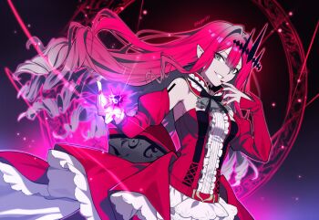 1girl baobhan_sith_(fate) baobhan_sith_(first_ascension)_(fate) breasts commentary_request d12-nelth detached_sleeves dress fate/grand_order fate_(series) frilled_dress frills grey_eyes hair_ornament long_hair looking_at_viewer magic pink_hair pointy_ears red_dress sidelocks smile solo