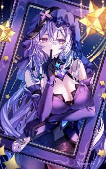 1girl arm_under_breasts bare_shoulders black_swan_(honkai:_star_rail) bracelet breasts card cleavage commentary_request cowboy_shot dress elbow_gloves finger_to_mouth gloves hair_between_eyes hand_up holding holding_card honkai:_star_rail honkai_(series) index_finger_raised jewelry large_breasts light_smile long_hair looking_at_viewer multicolored_eyes picture_frame purple_dress purple_gloves purple_hair purple_veil shushing solo tarot tarot_card twitter_username two-tone_eyes veil very_long_hair yoake_(yoakey)