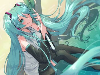 1girl aqua_eyes aqua_hair aqua_nails aqua_necktie aqua_trim arm_tattoo black_boots black_skirt black_sleeves blush boots breasts closed_mouth collarbone collared_shirt commentary_request detached_sleeves food grey_shirt hair_between_eyes hair_ornament hatsune_miku headphones headset highres holding holding_food holding_spring_onion holding_vegetable igarashi_sora long_hair long_sleeves medium_breasts miniskirt necktie number_tattoo one_eye_closed pleated_skirt shirt skirt sleeveless sleeveless_shirt smile solo spring_onion tattoo twintails vegetable very_long_hair vocaloid wide_sleeves