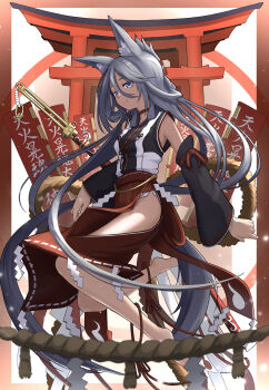 Rule 34 | 1girl, absurdres, akemiya genma, animal ears, blue eyes, closed mouth, clothing cutout, commentary request, detached sleeves, expressionless, full body, gohei, hair between eyes, hakama, hakama skirt, haraegushi, highres, hip vent, japanese clothes, long hair, multiple torii, nontraditional miko, oonusa, original, red skirt, rope, shimenawa, skirt, sleeveless, solo, tail, thighhighs, torii, white hair, wolf ears, wolf girl, wolf tail