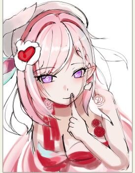 1girl beret breasts cleavage commentary_request diamond-shaped_pupils diamond_(shape) dress earrings elf elysia_(hi_love_elf)_(honkai_impact) elysia_(honkai_impact) hat heart heart_earrings highres honkai_(series) honkai_impact_3rd jewelry large_breasts long_hair looking_at_viewer multicolored_hair pink_hair pointy_ears purple_eyes red_dress s1r0nnrii simple_background solo symbol-shaped_pupils two-tone_hair unfinished upper_body very_long_hair white_background white_hair